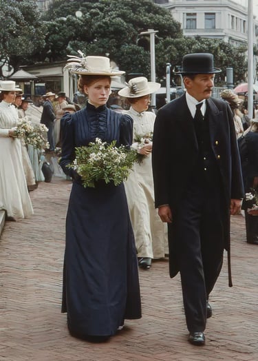 Early spring morning outside Parliament House, women in navy blue and cream Edwardian dresses clutch