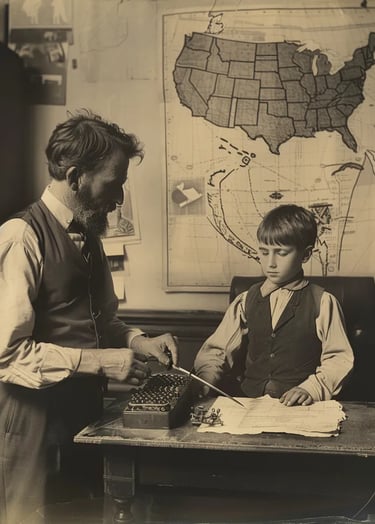f a telegraph operator in a waistcoat and rolled-up sleeves tapping out the first transcontinental m