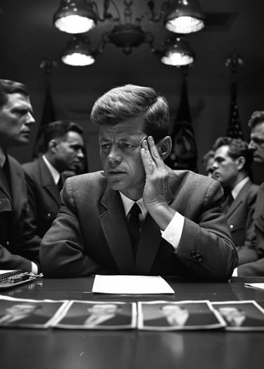 President John F. Kennedy seated at the long wooden table, his fingers pressed against his temple 