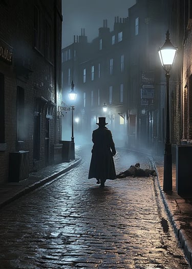 narrow streets of Whitechapel at night. Gas lamps cast eerie pools of light on the cobblestone alley
