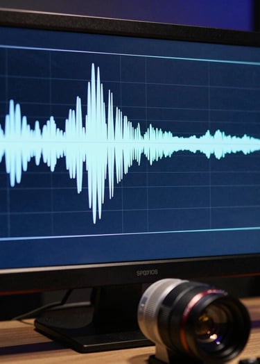 Macro photography of audio waveforms on a high-resolution studio monitor in a dark blue room. The crisp lines of the frequency display reflect technical precision and modern digital expertise in a Spanish recording facility.