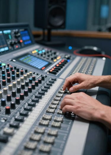 Professional sound engineer in a stylish, modern control room, adjustng settings on a large console. Focus on hands and equipment. High-quality freelance work atmosphere. Southern European / Spanish setting. Colors: muted blue and dark navy.