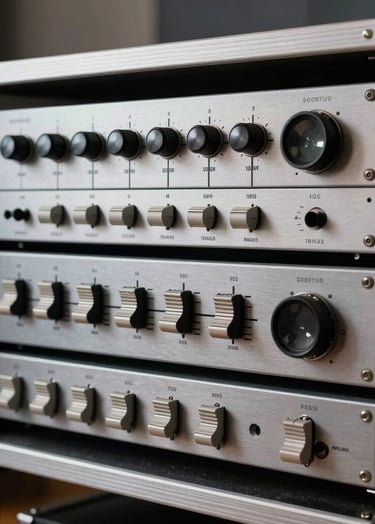 A clean, architectural shot of a studio equipment rack containing high-end outboard gear like compressors and equalizers. The brushed metal surfaces reflect the soft lighting of the room in light grey tones, creating an aesthetic of technical excellence.