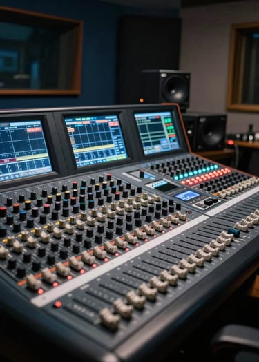 A photography of a professional sound mixing console in a modern, Dark Navy studio setting, glowing screens, technical precision, Southern European / Spanish context.
