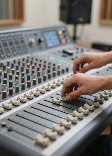 Action shot of a sound engineer's hands adjusting faders on a large, sleek mixing console. Southern European / Spanish studio environment, bright off-white natural lighting, focusing on the tactile interaction with professional gear.