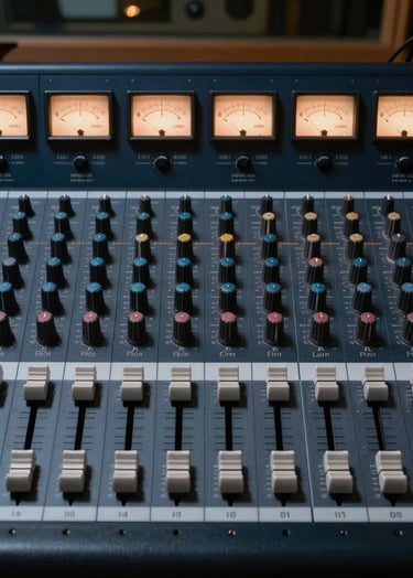 A professional top-down photograph of a high-end analog mixing console in a Spanish recording studio. The faders are set at different levels, and the warm lights of the VU meters glow in soft slate blue and muted blue tones against a dark navy body. The atmosphere is professional and sophisticated.