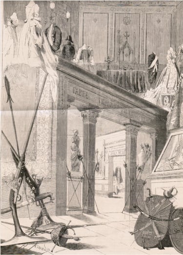 Grabado antiguo de la Exposición de la Asociación Artístico Arqueológica de Barcelona 1879