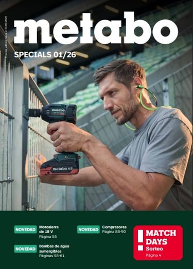 Portada del catálogo Metabo 2026 con ofertas especiales y novedades en herramientas a batería, motos