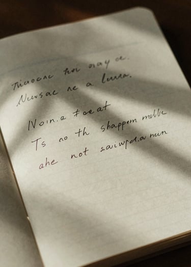 Film photography style, grainy texture. A close-up, slightly underexposed shot of a hand-written journal entry on aged paper (#F8F3EC), with shadows of leaves dappled across the page. Natural, soft light. Mood: intimate and contemplative.