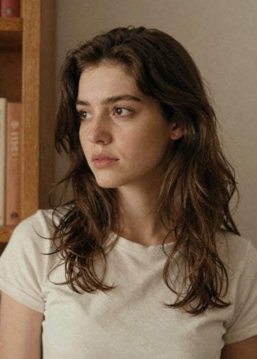 A candid, medium shot of a young woman with a thoughtful expression, leaning against a wooden bookshelf. The lighting is soft and natural. The image has a grainy texture and feel like a private moment captured on film. Colors are warm brown #8C735F and aged paper cream #F8F3EC.