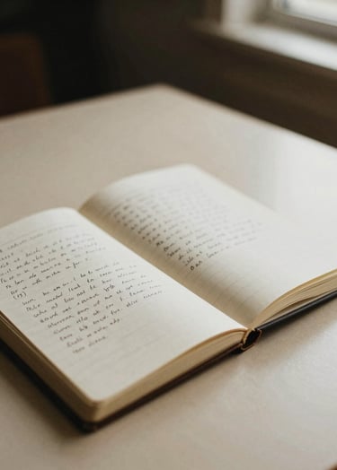 Grainy film photography, close-up of an open, well-worn journal with handwritten notes in faded ink (#8C735F) on a warm cream table (#F8F3EC). Soft, underexposed lighting from a nearby window, intimate and quiet mood, indie zine aesthetic.
