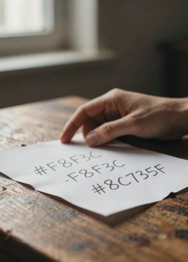Film photography style, grainy texture. A close-up of a hand resting on an old wooden table next to a scrap of torn paper with handwriting. Soft natural light from a side window, underexposed. Colors: #F8F3EC, #8C735F.