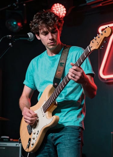 A dynamic solo musician performing with an electric guitar on a stage in a vibrant International / English-speaking music club. The lighting features bright turquoise teal and vibrant salmon red neon accents against a deep charcoal black background. The mood is energetic and professional.