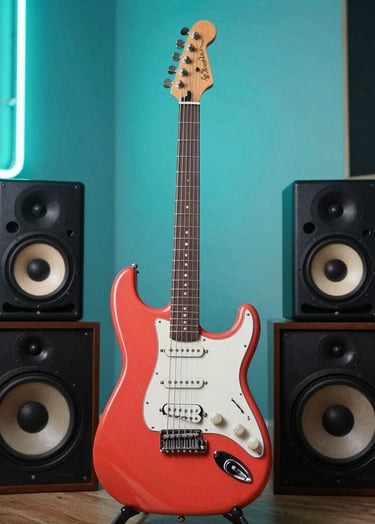 A vibrant salmon red electric guitar standing next to professional audio speakers in a stylish International / English-speaking home studio with bright turquoise teal neon wall art.