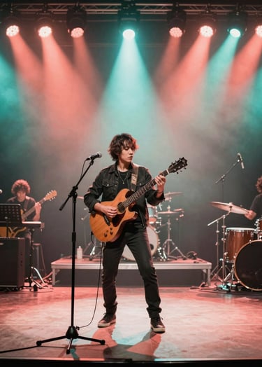 A vibrant, wide-angle photo of a professional solo artist performing with a guitar on a brightly lit stage in a International / English-speaking music venue. The lighting features washes of Electric Mint and highlights of Vibrant Coral. The atmosphere is professional and high-energy.