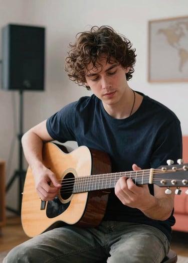 A professional portrait of the solo artist showing a beginner how to hold a guitar in a well-lit International / English-speaking home studio. Soft Cloud White lighting with vibrant accents of Vibrant Coral in the background furniture.
