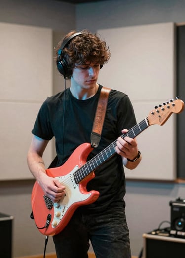 A professional solo artist in a modern International / English-speaking recording studio. The artist is holding an electric guitar, with bright turquoise and vibrant coral lighting reflecting off the soft off-white acoustic panels in the background. High-energy, professional photography.