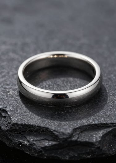 A detailed studio photograph of a polished silver ring resting on a smooth dark charcoal stone. The lighting is precise, creating elegant highlights and deep shadows, reflecting a professional and refined aesthetic in a Northern European setting.