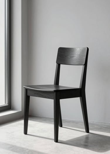 Vertical portrait of a minimalist dark wood chair against a light gray wall in a bright Stockholm studio. Natural, soft daylight from a large window. High contrast, sharp focus, professional architecture photography style.