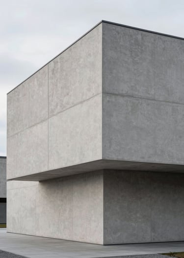 Clean architectural photography of a minimalist concrete building in Oslo. Soft overcast lighting, elegant geometric lines, with a color palette of light gray and charcoal. Professional, sophisticated composition.