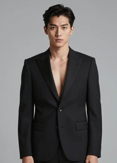 High-end fashion portrait of the designer in a sleek black suit, minimalist studio background, soft lighting, sophisticated and exclusive brand identity, #0F0F0F and #F8F8F8.