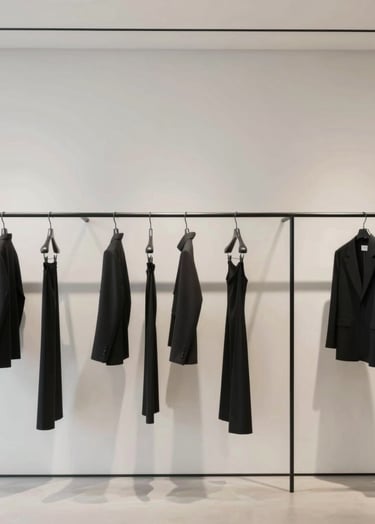 Atmospheric wide shot of a minimalist showroom featuring pieces from the collection on clean black hangers against a light #F8F8F8 wall. Elegant and exclusive mood.