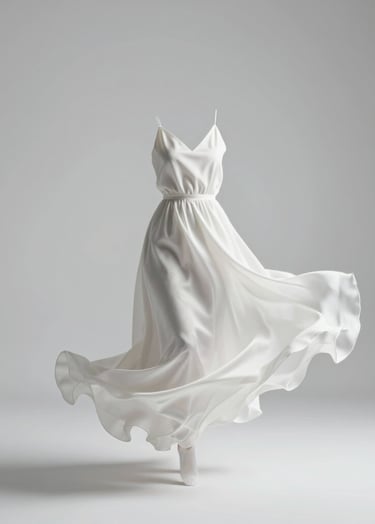 A minimalist studio shot of a flowy white silk dress being caught in motion. The lighting is bright and clean, using the #F8F8F8 palette with deep #0F0F0F shadows for definition. Sleek and modern aesthetic.