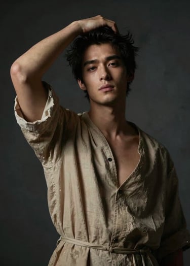 A sophisticated artistic portrait of a person in a dramatic pose, inspired by Baroque paintings. Strong Chiaroscuro lighting creating deep shadows and highlights. The background is a textured dark wall in #363131. The subject wears fabric with textures in #A3533F and #D5BFB3. Professional studio lighting, cinematic atmosphere.