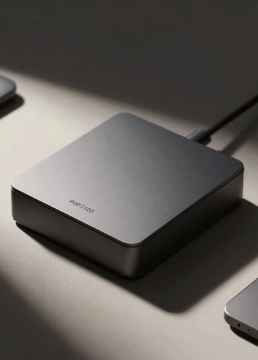 Cinematic high-angle shot of a still life arrangement with a modern tech product. The lighting is inspired by Dutch masters, featuring deep shadows and a single strong light source that creates high contrast. Palette uses #363131 for shadows and #F8F4ED for highlights, sophisticated and artistic mood.