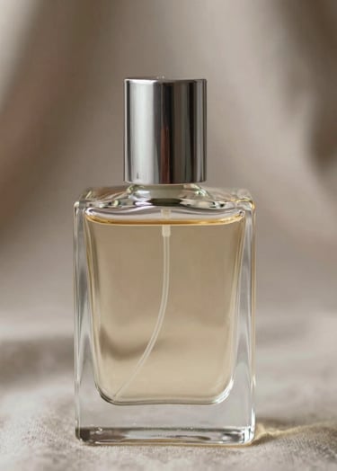 Detailed close-up of a glass fragrance bottle, focusing on the texture of the liquid and the sharp refraction of hard light. Background is a draped fabric in #D5BFB3 tones. Professional commercial photography.