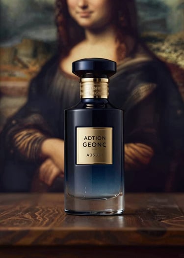 Advertising campaign hero shot. A luxury bottle set against a background reminiscent of a Renaissance painting, featuring deep #363131 tones and warm #A3533F accents. Hard lighting emphasizes the product's premium build.