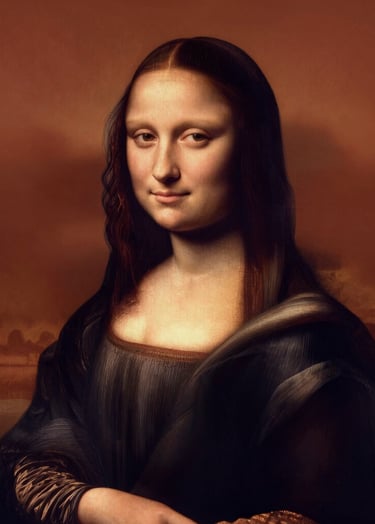 A sophisticated artistic portrait of a woman in the style of a Renaissance painting. Soft skin tones, dramatic side lighting creating deep shadows (chiaroscuro). She wears a modern charcoal #363131 fabric that drapes like a classic gown. Background is a deep terracotta #A3533F, professional and elegant.