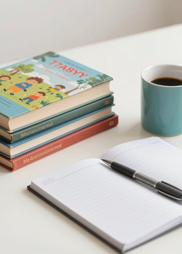 A bright, high-angle scholarly desk scene featuring a stack of beautifully bound children's books and a #7A9E9F teal ceramic mug. A #3D3B3C dark gray pen rests on an open notebook. The background is a crisp #F8F6F4 off-white, suggesting a clean and creative working environment for a librarian.