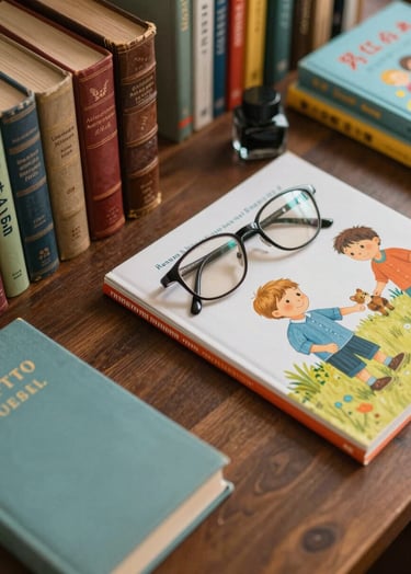 A sophisticated top-down view of a librarian's desk featuring a mix of vintage leather-bound books and brightly colored modern children's picture books. Include a pair of elegant reading glasses and a small pot of ink. The lighting is soft and warm, incorporating the brand colors #7A9E9F and #D4B281 in the book spines and desk accessories.