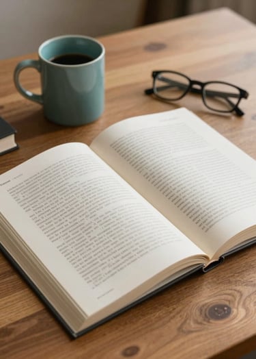 A thoughtfully composed flat-lay of an open academic journal on a wooden desk. Beside it sits a ceramic mug in #7A9E9F teal and a pair of glasses. The image conveys scholarly rigor and a touch of warmth, incorporating the brand's palette of cream #F8F6F4 and dark charcoal #3D3B3C.