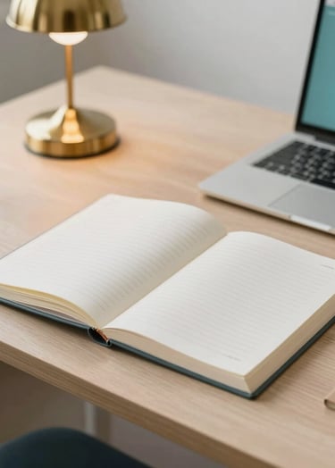 A high-angle shot of an academic desk with an open journal, a brass lamp, and a modern laptop. Brand colors #7A9E9F and #D4B281 are present in the stationery, reflecting a blend of traditional rigor and modern creativity.