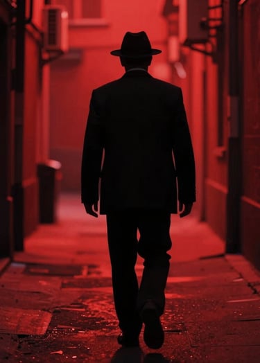 Silhouette of a man in a fedora walking into a dark alleyway, intense red background, film noir style mixed with pop art color blocks.