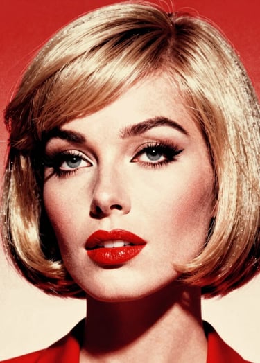 Pop art portrait of a woman with a sharp 60s bob haircut looking sideways, high contrast lighting, red and off-white color palette, halftone dot textures on the skin shadows, film grain overlay, thick black outlines.