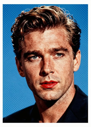 A high-contrast Pop Art style portrait of a man in the style of 1960s film posters. The subject has sharp features, with a background featuring a bold #0050B3 blue halftone dot pattern. Heavy black outlines like a comic book. Splashes of #D4202B red on the lips or accessories. Film grain texture overlay.
