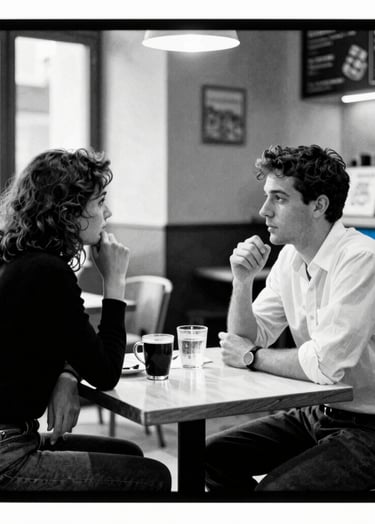 A wide cinematic shot rendered in a graphic comic book style. Two people talking in a cafe, high contrast black and white with blue #0050B3 accents. Flat color areas, film grain, and prominent black borders.