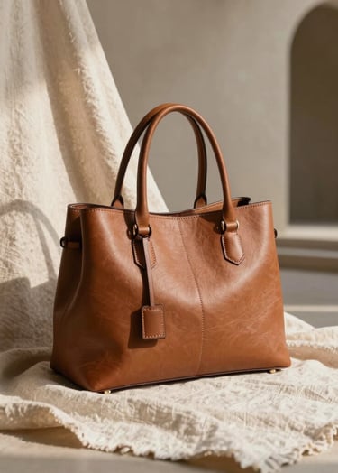 An elegant, high-fashion editorial product photograph of a handmade leather handbag resting on raw linen drape. Natural morning light casting soft artistic shadows, warm beige and soft brown color scheme, set in a Brazilian architectural backdrop, clean minimalist composition.