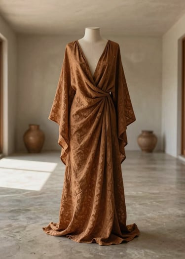 High-fashion editorial photography of a beautifully draped, lightweight linen dress in warm bronze. Set in a sun-drenched, minimalist Brazilian villa with polished concrete floors and large open windows. Soft natural morning light casting delicate shadows. Elegant, artistic composition with generous whitespace, capturing the exquisite craftsmanship and texture of the fabric.