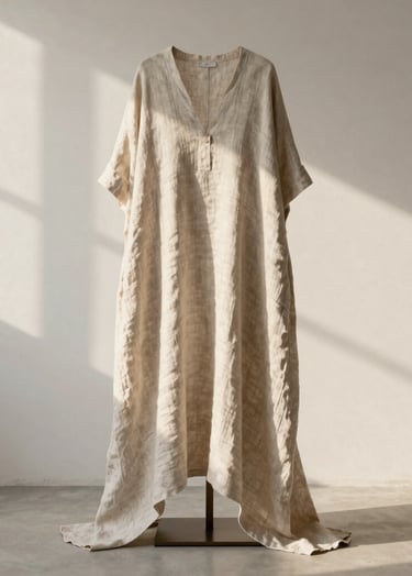 An elegant editorial fashion photograph showcasing a beautifully structured linen garment draped over a minimalist stand. Soft warm sunlight creates gentle shadows against a clean linen white wall. The style is poetic, quiet, and minimalist, emphasizing clean lines and high-quality craftsmanship, captured in a Brazilian design studio.
