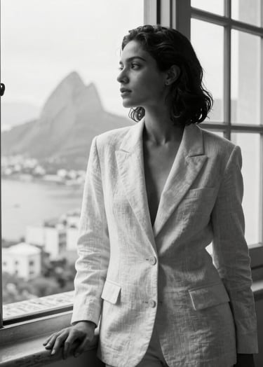 An elegant black and white editorial photograph of a Brazilian / South American woman in her late 30s, looking thoughtfully out a large colonial window in Rio de Janeiro. She wears a structured, minimalist cream off-white linen blazer from the archival collection. Soft morning light, natural shadows, generous negative space, high-end magazine style.