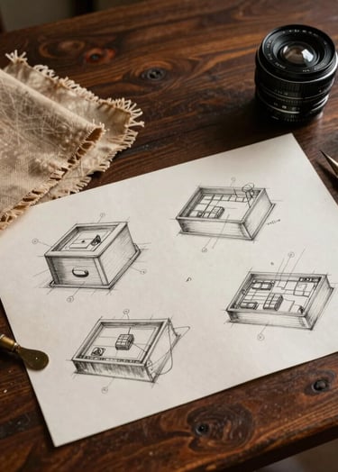 A classic studio flat lay featuring hand-drawn design sketches, vintage fabric swatches, and antique tailoring tools resting on a rich, dark chocolate brown wooden table. The lighting is warm and dramatic, highlighting the tactile texture of the paper and fibers.