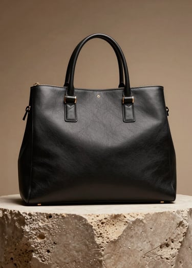 High-end editorial fashion photography showcasing an iconic, structural leather handbag in deep obsidian black, resting on a textured plaster pedestal. Warm bronze and soft sand-colored backdrop. Dramatic, high-contrast studio lighting, focusing on the refined geometry and heritage craftsmanship.
