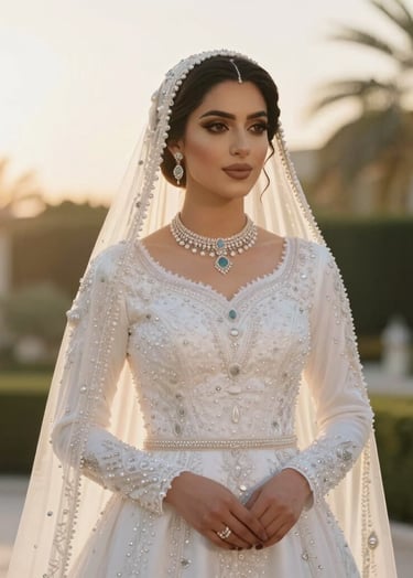 A stunning portrait of a Middle Eastern bride in a traditional yet modern white dress, warm golden hour lighting, luxurious outdoor garden setting in the Gulf, high-quality professional photography.