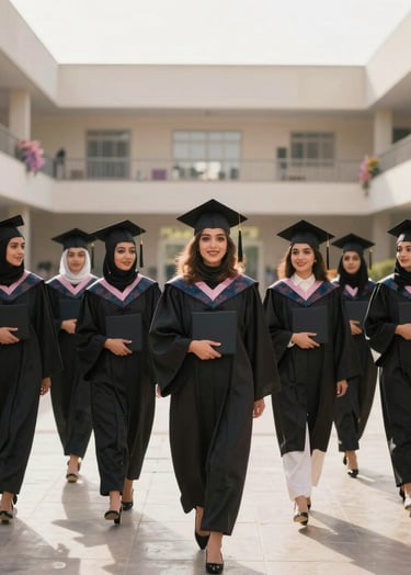 A group of female graduates in elegant gowns and caps, celebrating in a bright, modern Middle Eastern school courtyard with soft afternoon lighting and soft pink and purple floral decorations.