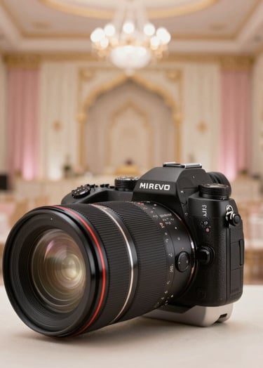 Elegant photography of a high-end camera lens capturing a soft-focus background of a Middle Eastern wedding ballroom decorated with cream and pink accents.
