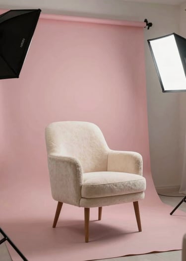 A beautifully arranged photography studio set for private sessions, featuring a plush chair, soft textures in light cream and dusty pink, and professional lighting equipment, set in a Middle Eastern home studio environment.